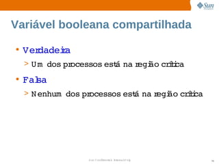 Variável booleana compartilhada

• Verdadeia
         r
  > Um  
       dos  ocessos  á  r ão  íi
          pr       est na egi crtca
• Fal
    sa
  > N enhum  
            dos  ocessos  á  r ão  íi
               pr       est na egi crtca




               Sun  onfdental I er   nl
                  C i      i : nt nalO y   76
 