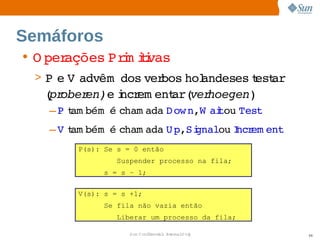 Semáforos
• O perações  i ii
            Prm tvas
 > P  V 
    e  advêm  
             dos  bos  andeses est  
                ver  hol       t ar
   ( ober   i em ent  ver
    pr   en)e ncr  ar( hoegen)
   – P am bém   cham ada  ow n,W ai  Test
      t       é         D        tou 
   – V am bém   cham ada  p,Si
      t       é         U   gnalou ncr ent
                                 I em
        P(s): Se s = 0 então
                Suspender processo na fila;
             s = s – 1;

        V(s): s = s +1;
             Se fila não vazia então
                Liberar um processo da fila;

                    Sun  onfdental I er   nl
                       C i      i : nt nalO y   88
 