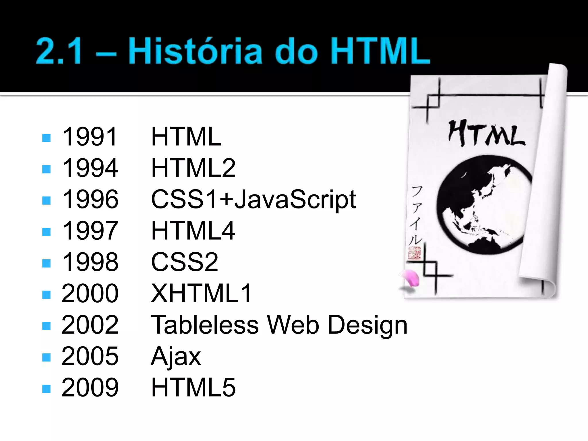  1991 HTML  1994 HTML2  1996 CSS1+JavaScript  1997 HTML4  1998 CSS2  2000 XHTML1  2002 Tableless Web Design  2005 Ajax  2009 HTML5 