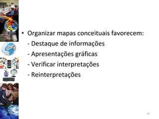 Organizar mapas conceituais favorecem: - Destaque de informações - Apresentações gráficas - Verificar interpretações - Reinterpretações 