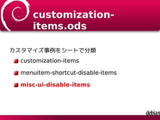 customization-
items.ods
カスタマイズ事例をシートで分類
customization-items
menuitem-shortcut-disable-items
misc-ui-disable-items
 