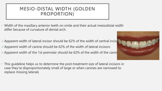 MESIO-DISTAL WIDTH (GOLDEN
PROPORTION)
• Width of the maxillary anterior teeth on smile and their actual mesiodistal width
differ because of curvature of dental arch.
Apparent width of lateral incisor should be 62% of the width of central incisor
Apparent width of canine should be 62% of the width of lateral incisors
Apparent width of the 1st premolar should be 62% of the width of the canine
• This guideline helps us to determine the post-treatment size of lateral incisors in
case they’re disproportionately small of large or when canines are narrowed to
replace missing laterals
 