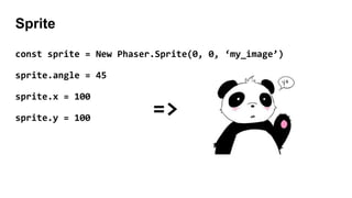 Sprite
const sprite = New Phaser.Sprite(0, 0, ‘my_image’)
sprite.angle = 45
sprite.x = 100
sprite.y = 100
=>
 