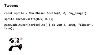 Tweens
const sprite = New Phaser.Sprite(0, 0, ‘my_image’)
sprite.anchor.setTo(0.5, 0.5);
game.add.tween(sprite).to( { x: 200 }, 2000, "Linear",
true);
 