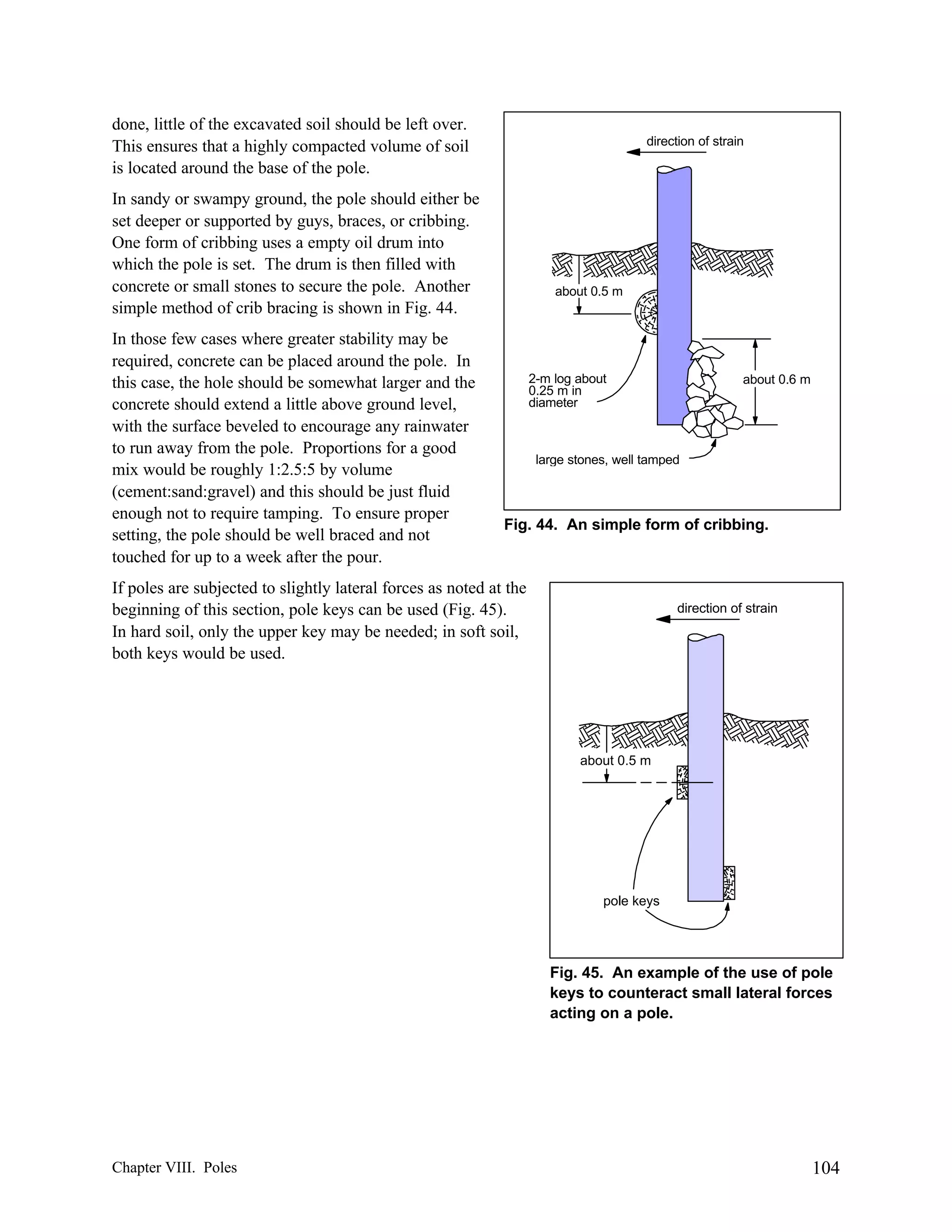 done, little of the excavated soil should be left over.
This ensures that a highly compacted volume of soil
is located around the base of the pole.

direction of strain

In sandy or swampy ground, the pole should either be
set deeper or supported by guys, braces, or cribbing.
One form of cribbing uses a empty oil drum into
which the pole is set. The drum is then filled with
concrete or small stones to secure the pole. Another
simple method of crib bracing is shown in Fig. 44.
In those few cases where greater stability may be
required, concrete can be placed around the pole. In
this case, the hole should be somewhat larger and the
concrete should extend a little above ground level,
with the surface beveled to encourage any rainwater
to run away from the pole. Proportions for a good
mix would be roughly 1:2.5:5 by volume
(cement:sand:gravel) and this should be just fluid
enough not to require tamping. To ensure proper
setting, the pole should be well braced and not
touched for up to a week after the pour.

about 0.5 m

2-m log about
0.25 m in
diameter

about 0.6 m

large stones, well tamped

Fig. 44. An simple form of cribbing.

If poles are subjected to slightly lateral forces as noted at the
beginning of this section, pole keys can be used (Fig. 45).
In hard soil, only the upper key may be needed; in soft soil,
both keys would be used.

direction of strain

about 0.5 m

pole keys

Fig. 45. An example of the use of pole
keys to counteract small lateral forces
acting on a pole.

Chapter VIII. Poles

104

 