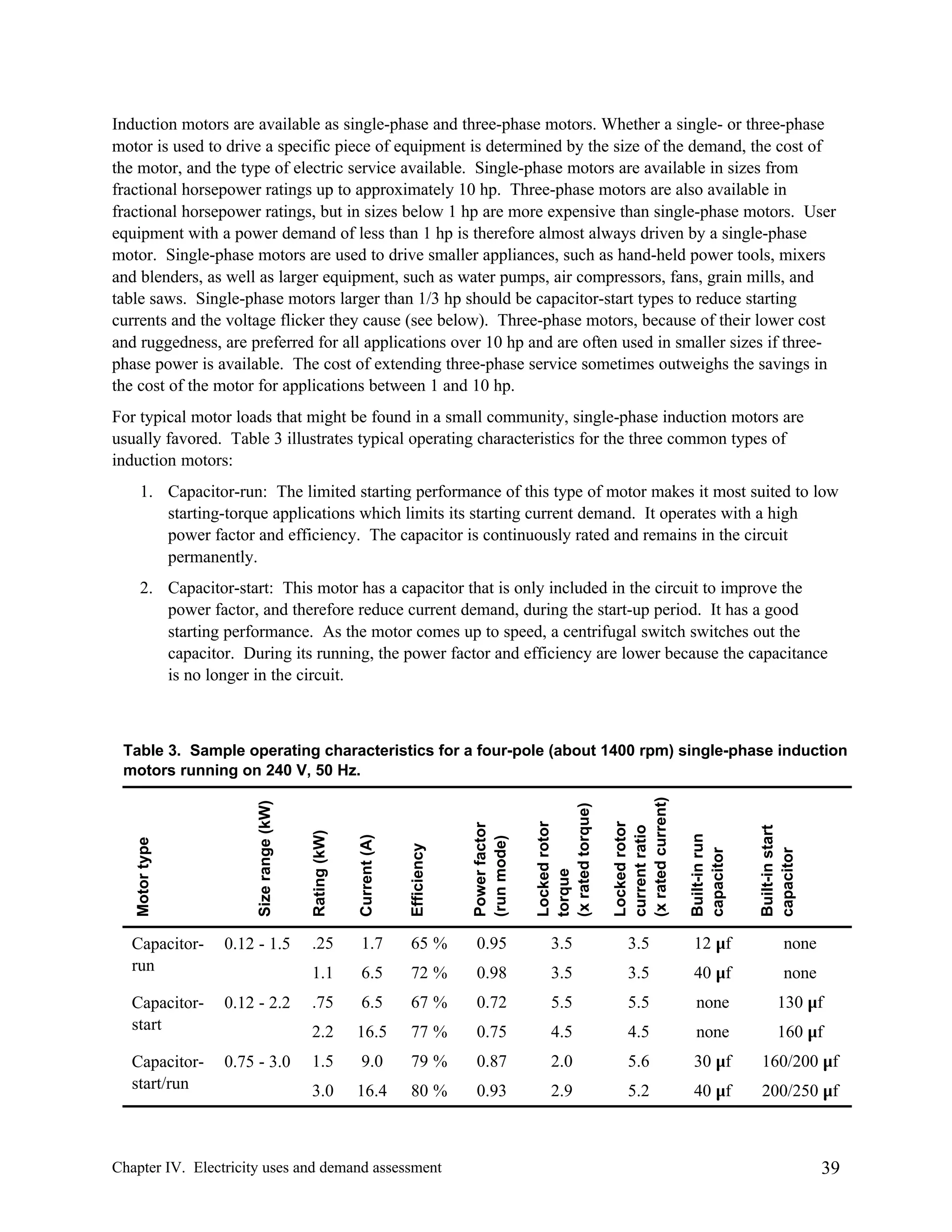 Induction motors are available as single-phase and three-phase motors. Whether a single- or three-phase
motor is used to drive a specific piece of equipment is determined by the size of the demand, the cost of
the motor, and the type of electric service available. Single-phase motors are available in sizes from
fractional horsepower ratings up to approximately 10 hp. Three-phase motors are also available in
fractional horsepower ratings, but in sizes below 1 hp are more expensive than single-phase motors. User
equipment with a power demand of less than 1 hp is therefore almost always driven by a single-phase
motor. Single-phase motors are used to drive smaller appliances, such as hand-held power tools, mixers
and blenders, as well as larger equipment, such as water pumps, air compressors, fans, grain mills, and
table saws. Single-phase motors larger than 1/3 hp should be capacitor-start types to reduce starting
currents and the voltage flicker they cause (see below). Three-phase motors, because of their lower cost
and ruggedness, are preferred for all applications over 10 hp and are often used in smaller sizes if threephase power is available. The cost of extending three-phase service sometimes outweighs the savings in
the cost of the motor for applications between 1 and 10 hp.
For typical motor loads that might be found in a small community, single-phase induction motors are
usually favored. Table 3 illustrates typical operating characteristics for the three common types of
induction motors:
1. Capacitor-run: The limited starting performance of this type of motor makes it most suited to low
starting-torque applications which limits its starting current demand. It operates with a high
power factor and efficiency. The capacitor is continuously rated and remains in the circuit
permanently.
2. Capacitor-start: This motor has a capacitor that is only included in the circuit to improve the
power factor, and therefore reduce current demand, during the start-up period. It has a good
starting performance. As the motor comes up to speed, a centrifugal switch switches out the
capacitor. During its running, the power factor and efficiency are lower because the capacitance
is no longer in the circuit.

Locked rotor
current ratio
(x rated current)

Built-in run
capacitor

65 %

0.95

3.5

3.5

12 µf

none

6.5

72 %

0.98

3.5

3.5

40 µf

none

.75

6.5

67 %

0.72

5.5

5.5

none

130 µf

16.5

77 %

0.75

4.5

4.5

none

160 µf

1.5

9.0

79 %

0.87

2.0

5.6

30 µf

160/200 µf

3.0

16.4

80 %

0.93

2.9

5.2

40 µf

200/250 µf

Chapter IV. Electricity uses and demand assessment

Built-in start
capacitor

Locked rotor
torque
(x rated torque)

0.75 - 3.0

Power factor
(run mode)

Capacitorstart/run

Efficiency

0.12 - 2.2

Current (A)

Capacitorstart

Rating (kW)

0.12 - 1.5

1.7

2.2

Capacitorrun

.25
1.1

Size range (kW)

Motor type

Table 3. Sample operating characteristics for a four-pole (about 1400 rpm) single-phase induction
motors running on 240 V, 50 Hz.

39

 