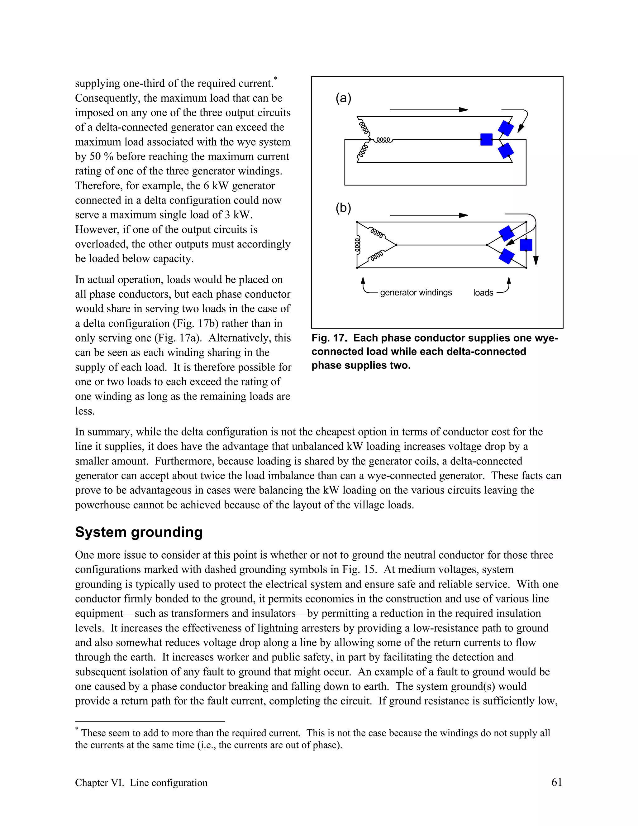 supplying one-third of the required current.*
Consequently, the maximum load that can be
imposed on any one of the three output circuits
of a delta-connected generator can exceed the
maximum load associated with the wye system
by 50 % before reaching the maximum current
rating of one of the three generator windings.
Therefore, for example, the 6 kW generator
connected in a delta configuration could now
serve a maximum single load of 3 kW.
However, if one of the output circuits is
overloaded, the other outputs must accordingly
be loaded below capacity.
In actual operation, loads would be placed on
all phase conductors, but each phase conductor
would share in serving two loads in the case of
a delta configuration (Fig. 17b) rather than in
only serving one (Fig. 17a). Alternatively, this
can be seen as each winding sharing in the
supply of each load. It is therefore possible for
one or two loads to each exceed the rating of
one winding as long as the remaining loads are
less.

(a)

(b)

generator windings

loads

Fig. 17. Each phase conductor supplies one wyeconnected load while each delta-connected
phase supplies two.

In summary, while the delta configuration is not the cheapest option in terms of conductor cost for the
line it supplies, it does have the advantage that unbalanced kW loading increases voltage drop by a
smaller amount. Furthermore, because loading is shared by the generator coils, a delta-connected
generator can accept about twice the load imbalance than can a wye-connected generator. These facts can
prove to be advantageous in cases were balancing the kW loading on the various circuits leaving the
powerhouse cannot be achieved because of the layout of the village loads.

System grounding
One more issue to consider at this point is whether or not to ground the neutral conductor for those three
configurations marked with dashed grounding symbols in Fig. 15. At medium voltages, system
grounding is typically used to protect the electrical system and ensure safe and reliable service. With one
conductor firmly bonded to the ground, it permits economies in the construction and use of various line
equipment—such as transformers and insulators—by permitting a reduction in the required insulation
levels. It increases the effectiveness of lightning arresters by providing a low-resistance path to ground
and also somewhat reduces voltage drop along a line by allowing some of the return currents to flow
through the earth. It increases worker and public safety, in part by facilitating the detection and
subsequent isolation of any fault to ground that might occur. An example of a fault to ground would be
one caused by a phase conductor breaking and falling down to earth. The system ground(s) would
provide a return path for the fault current, completing the circuit. If ground resistance is sufficiently low,
*

These seem to add to more than the required current. This is not the case because the windings do not supply all
the currents at the same time (i.e., the currents are out of phase).

Chapter VI. Line configuration

61

 