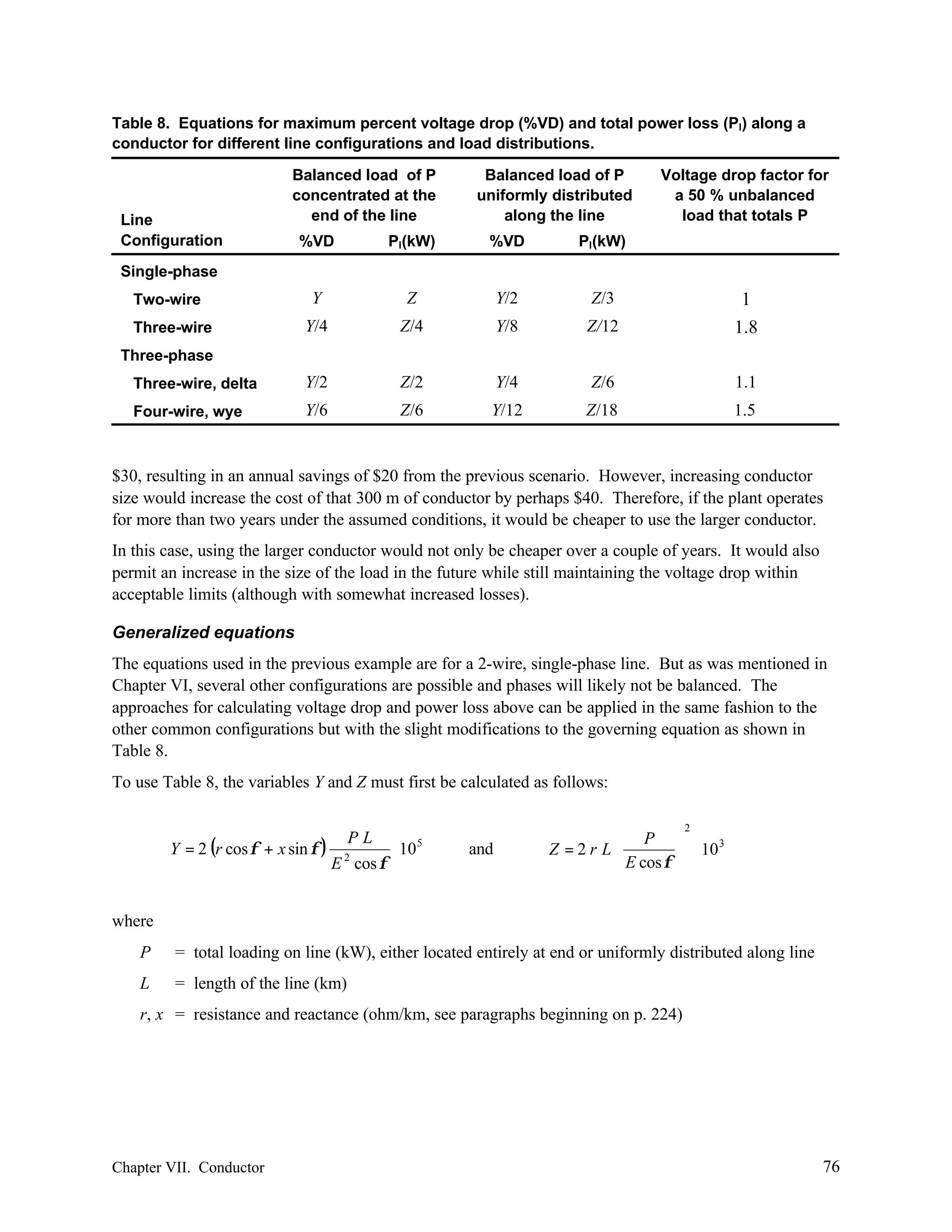 Table 8. Equations for maximum percent voltage drop (%VD) and total power loss (Pl) along a
conductor for different line configurations and load distributions.

Line
Configuration

Balanced load of P
concentrated at the
end of the line

Balanced load of P
uniformly distributed
along the line

Voltage drop factor for
a 50 % unbalanced
load that totals P

%VD

Pl(kW)

%VD

Pl(kW)

Y

Z

Y/2

Z/3

Y/4

Z/4

Y/8

Z/12

1
1.8

Three-wire, delta

Y/2

Z/2

Y/4

Z/6

1.1

Four-wire, wye

Y/6

Z/6

Y/12

Z/18

1.5

Single-phase
Two-wire
Three-wire
Three-phase

$30, resulting in an annual savings of $20 from the previous scenario. However, increasing conductor
size would increase the cost of that 300 m of conductor by perhaps $40. Therefore, if the plant operates
for more than two years under the assumed conditions, it would be cheaper to use the larger conductor.
In this case, using the larger conductor would not only be cheaper over a couple of years. It would also
permit an increase in the size of the load in the future while still maintaining the voltage drop within
acceptable limits (although with somewhat increased losses).
Generalized equations
The equations used in the previous example are for a 2-wire, single-phase line. But as was mentioned in
Chapter VI, several other configurations are possible and phases will likely not be balanced. The
approaches for calculating voltage drop and power loss above can be applied in the same fashion to the
other common configurations but with the slight modifications to the governing equation as shown in
Table 8.
To use Table 8, the variables Y and Z must first be calculated as follows:
PL
Y = 2 (r cos φ + x sin φ ) 2
⋅ 10 5
E cos φ

2

and

 P 
3
Z =2r L
 E cos φ  ⋅ 10




where
P

= total loading on line (kW), either located entirely at end or uniformly distributed along line

L

= length of the line (km)

r, x = resistance and reactance (ohm/km, see paragraphs beginning on p. 224)

Chapter VII. Conductor

76

 