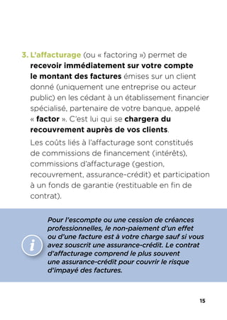 15
3. L’affacturage (ou « factoring ») permet de
recevoir immédiatement sur votre compte
le montant des factures émises sur un client
donné (uniquement une entreprise ou acteur
public) en les cédant à un établissement financier
spécialisé, partenaire de votre banque, appelé
« factor ». C’est lui qui se chargera du
recouvrement auprès de vos clients.
Les coûts liés à l’affacturage sont constitués
de commissions de financement (intérêts),
commissions d’affacturage (gestion,
recouvrement, assurance-crédit) et participation
à un fonds de garantie (restituable en fin de
contrat).
information
Pour l’escompte ou une cession de créances
professionnelles, le non-paiement d’un effet
ou d’une facture est à votre charge sauf si vous
avez souscrit une assurance-crédit. Le contrat
d’affacturage comprend le plus souvent
une assurance-crédit pour couvrir le risque
d’impayé des factures.
 