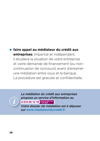 28
z faire appel au médiateur du crédit aux
entreprises. Impartial et indépendant,
il étudiera la situation de votre entreprise
et votre demande de financement (ou non-
continuation de concours) avant d’entamer
une médiation entre vous et la banque.
La procédure est gratuite et confidentielle.
information
La médiation du crédit aux entreprises
propose un service d’information au
0 810 00 12 10. service 0,06€ par minute + prix appel.
Votre dossier de médiation est à déposer
sur www.mediateurducredit.fr
 