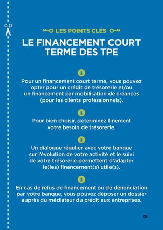 29
LES POINTS CLÉS
LE FINANCEMENT COURT
TERME DES TPE
Pour un financement court terme, vous pouvez
opter pour un crédit de trésorerie et/ou
un financement par mobilisation de créances
(pour les clients professionnels).
Pour bien choisir, déterminez finement
votre besoin de trésorerie.
Un dialogue régulier avec votre banque
sur l’évolution de votre activité et le suivi
de votre trésorerie permettent d’adapter
le(les) financement(s) utile(s).
En cas de refus de financement ou de dénonciation
par votre banque, vous pouvez déposer un dossier
auprès du médiateur du crédit aux entreprises.
 