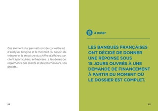 22 23
Ces éléments lui permettront de connaître et
d’analyser l’origine et le montant du besoin de
trésorerie, la structure du chiffre d’affaires par
client (particuliers, entreprises…), les délais de
règlements des clients et des fournisseurs, vos
projets…
à noter
LES BANQUES FRANÇAISES
ONT DÉCIDÉ DE DONNER
UNE RÉPONSE SOUS
15 JOURS OUVRÉS À UNE
DEMANDE DE FINANCEMENT
À PARTIR DU MOMENT OÙ
LE DOSSIER EST COMPLET.
 