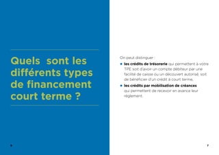 6 7
Quels sont les
différents types
de financement
court terme ?
On peut distinguer :
z les crédits de trésorerie qui permettent à votre
TPE soit d’avoir un compte débiteur par une
facilité de caisse ou un découvert autorisé, soit
de bénéficier d’un crédit à court terme,
z les crédits par mobilisation de créances
qui permettent de recevoir en avance leur
règlement.
 