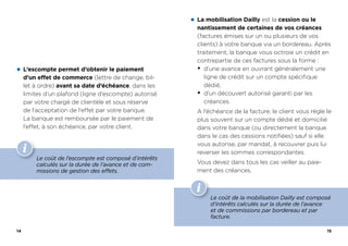 14 15
z L’escompte permet d’obtenir le paiement
d’un effet de commerce (lettre de change, bil-
let à ordre) avant sa date d’échéance, dans les
limites d’un plafond (ligne d’escompte) autorisé
par votre chargé de clientèle et sous réserve
de l’acceptation de l’effet par votre banque.
La banque est remboursée par le paiement de
l’effet, à son échéance, par votre client.
Le coût de l’escompte est composé d’intérêts
calculés sur la durée de l’avance et de com-
missions de gestion des effets.
z La mobilisation Dailly est la cession ou le
nantissement de certaines de vos créances
(factures émises sur un ou plusieurs de vos
clients) à votre banque via un bordereau. Après
traitement, la banque vous octroie un crédit en
contrepartie de ces factures sous la forme :
y d’une avance en ouvrant généralement une
ligne de crédit sur un compte spécifique
dédié,
y d’un découvert autorisé garanti par les
créances.
A l’échéance de la facture, le client vous règle le
plus souvent sur un compte dédié et domicilié
dans votre banque (ou directement la banque
dans le cas des cessions notifiées) sauf si elle
vous autorise, par mandat, à recouvrer puis lui
reverser les sommes correspondantes.
Vous devez dans tous les cas veiller au paie-
ment des créances.
Le coût de la mobilisation Dailly est composé
d’intérêts calculés sur la durée de l’avance
et de commissions par bordereau et par
facture.
 