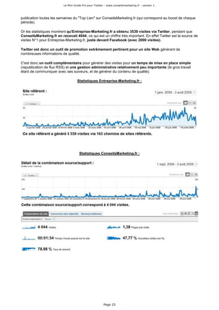 Le Mini Guide Pro pour Twitter - www.conseilsmarketing.fr - version 1.




publication toutes les semaines du "Top Lien" sur ConseilsMarketing.fr (qui correspond au boost de chaque
période).

Or les statistiques montrent qu'Entreprise-Marketing.fr a obtenu 3539 visites via Twitter, pendant que
ConseilsMarketing.fr en recevait 4044, ce qui est un chiffre très important. En effet Twitter est la source de
visites N°1 pour Entreprise-Marketing.fr, juste devant Facebook (avec 2000 visites).

Twitter est donc un outil de promotion extrêmement pertinent pour un site Web générant de
nombreuses informations de qualité.

C'est donc un outil complémentaire pour générer des visites pour un temps de mise en place simple
(republication de flux RSS) et une gestion administrative relativement peu importante (le gros travail
étant de communiquer avec ses suiveurs, et de générer du contenu de qualité).

                                    Statistiques Entreprise-Marketing.fr :




                                     Statistiques ConseilsMarketing.fr :




                                                        Page 25
 