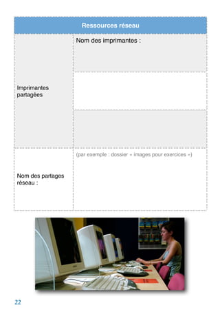 Ressources réseauRessources réseau
Imprimantes
partagées
Nom des imprimantes :
Imprimantes
partagées
Imprimantes
partagées
Nom des partages
réseau :
(par exemple : dossier « images pour exercices »)
22
 