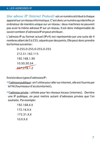 4. LES ADRESSES IP	
Une adresse IP (Internet Protocol) est un numéro attribué à chaque
appareilsurunréseauinformatique.C’estdoncunnuméroquiidentiﬁeun
ordinateur de manière unique sur un réseau : deux machines ne peuvent
pas avoir la même adresse IP sur un réseau. Il est donc indispensable de
savoircombien d’adressesIPonpeutattribuer.
L’adresse IP au format actuel (IPv4) est représentée par une suite de 4
nombres allant de 0 à 255, séparés par des points. Elle peut donc prendre
lesformessuivantes:
0-255.0-255.0-255.0-255
 
212.51.162.115
192.168.1.90
 
 
 
10.50.30.54
357.278.1.2
Ilexistedeuxtypesd’adressesIP:
➡l’adressepublique:onl’utilisepourallersurinternet,elleestfourniepar
leFAI(fournisseurd’accèsinternet),
➡l’adresse privée : utilisée pour les réseaux locaux (internes). Derrière
une IP publique, on peut mettre autant d’adresses privées que l’on
souhaite. Parexemple:
192.168.X.X
 
172.16.X.X
172.31.X.X

 
10.X.X.X
7
 