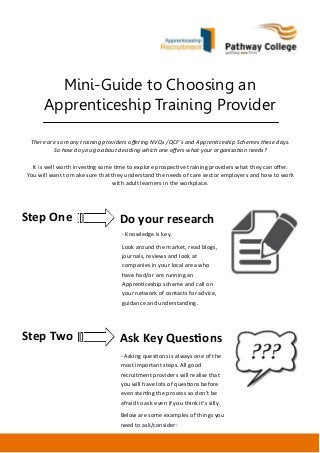 Mini-Guide to Choosing an
Apprenticeship Training Provider
There are so many training providers offering NVQs /QCF’s and Apprenticeship Schemes these days.
So how do you go about deciding which one offers what your organisation needs?
It is well worth investing some time to explore prospective training providers what they can offer.
You will want to make sure that they understand the needs of care sector employers and how to work
with adult learners in the workplace.

Step One

Do your research
- Knowledge is key.
Look around the market, read blogs,
journals, reviews and look at
companies in your local area who
have had/or are running an
Apprenticeship scheme and call on
your network of contacts for advice,
guidance and understanding.

Step Two

Ask Key Questions
- Asking questions is always one of the
most important steps. All good
recruitment providers will realise that
you will have lots of questions before
even starting the process so don’t be
afraid to ask even if you think it’s silly.
Below are some examples of things you
need to ask/consider:

 