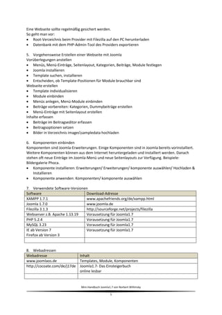 Eine Webseite sollte regelmäßig gesichert werden.
So geht man vor:
 Root-Verzeichnis beim Provider mit Filezilla auf den PC herunterladen
 Datenbank mit dem PHP-Admin-Tool des Providers exportieren

5. Vorgehensweise Erstellen einer Webseite mit Joomla
Vorüberlegungen anstellen
 Menüs, Menü-Einträge, Seitenlayout, Kategorien, Beiträge, Module festlegen
 Joomla installieren
 Template suchen, installieren
 Entscheiden, ob Template-Positionen für Module brauchbar sind
Webseite erstellen
 Template individualisieren
 Module einbinden
 Menüs anlegen, Menü-Module einbinden
 Beiträge vorbereiten: Kategorien, Dummybeiträge erstellen
 Menü-Einträge mit Seitenlayout erstellen
Inhalte erfassen
 Beiträge im Beitragseditor erfassen
 Beitragsoptionen setzen
 Bilder in Verzeichnis imagessampledata hochladen

6. Komponenten einbinden
Komponenten sind Joomla-Erweiterungen. Einige Komponenten sind in Joomla bereits vorinstalliert.
Weitere Komponenten können aus dem Internet heruntergeladen und installiert werden. Danach
stehen oft neue Einträge im Joomla-Menü und neue Seitenlayouts zur Verfügung. Beispiele:
Bildergalerie Phoca.
 Komponente installieren: Erweiterungen/ Erweiterungen/ komponente auswählen/ Hochladen &
    Installieren
 Komponente anwenden: Komponenten/ komponente auswählen

7. Verwendete Software-Versionen
Software                       Download-Adresse
XAMPP 1.7.1                    www.apachefriends.org/de/xampp.html
Joomla 1.7.0                   www.joomla.de
Filezilla 3.1.3                http://sourceforge.net/projects/filezilla
Webserver z.B. Apache 1.13.19  Vorausetzung für Joomla1.7
PHP 5.2.4                      Vorausetzung für Joomla1.7
MySQL 3.23                     Vorausetzung für Joomla1.7
IE ab Version 7                Vorausetzung für Joomla1.7
Firefox ab Version 3


8. Webadressen
Webadresse                    Inhalt
www.joomlaos.de               Templates, Module, Komponenten
http://cocoate.com/de/j17de   Joomla1.7- Das Einsteigerbuch
                              online lesbar


                               Mini-Handbuch Joomla1.7 von Norbert Willimsky

                                                    5
 