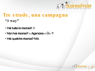 Tre s trade , una c ampag na
“3 way”
• Hai tutte le risorse!! 
• Non hai risorse? = Agencies = €= ?
• Hai qualche risorsa? Mix




                                       8
 