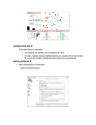 ESTRUCTURA DEL R
R se estructura en paquetes


Los básicos se instalan con la distribución de R



El resto, realizan tareas implementadas por usuarios de la comunidad
R, se han de instalar individualmente cuando los necesitamos.

INSTALACION DE R
 Nos conectamos a la dirección
http://cran.rstudio.com/

 