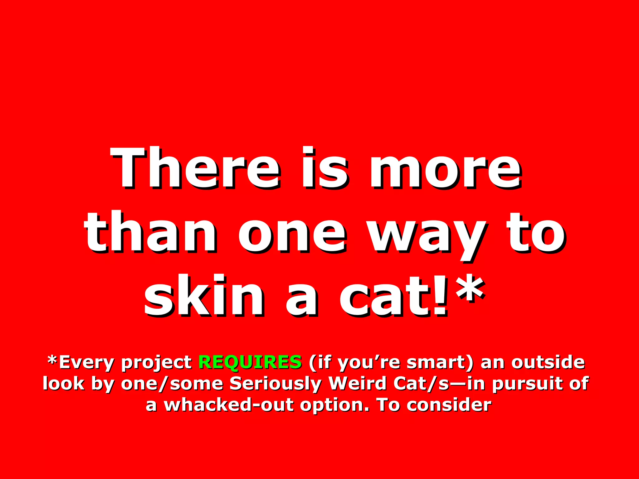 There is more than one way to skin a cat!* *Every project  REQUIRES  (if you’re smart) an outside look by one/some Seriously Weird Cat/s—in pursuit of a whacked-out option. To consider 