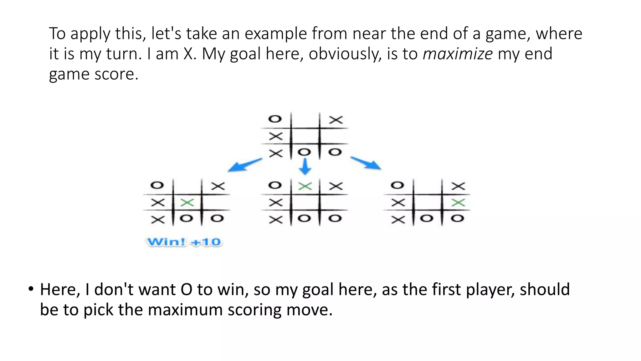 To apply this, let's take an example from near the end of a game, where
it is my turn. I am X. My goal here, obviously, is to maximize my end
game score.
• Here, I don't want O to win, so my goal here, as the first player, should
be to pick the maximum scoring move.
 