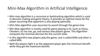 MINI-MAX ALGORITHM.pptx | Board Games and Puzzles | Games and Puzzles