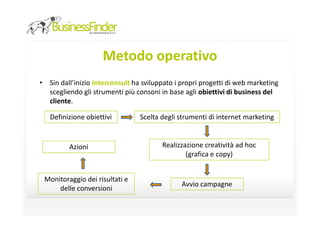 Metodo operativo
• Sin dall’inizio Interconsult ha sviluppato i propri progetti di web marketing
  scegliendo gli strumenti più consoni in base agli obiettivi di business del
  cliente.

   Definizione obiettivi         Scelta degli strumenti di internet marketing


         Azioni                         Realizzazione creatività ad hoc
                                                (grafica e copy)


 Monitoraggio dei risultati e
                                               Avvio campagne
     delle conversioni
 