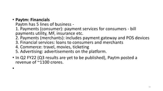 • Paytm: Financials
Paytm has 5 lines of business -
1. Payments (consumer): payment services for consumers - bill
payments...
