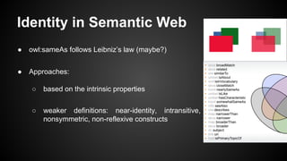 Identity in Semantic Web
● owl:sameAs follows Leibniz’s law (maybe?)
● Approaches:
○ based on the intrinsic properties
○ weaker definitions: near-identity, intransitive,
nonsymmetric, non-reflexive constructs
 