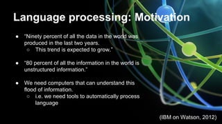 Language processing: Motivation
● “Ninety percent of all the data in the world was
produced in the last two years.
○ This trend is expected to grow.”
● “80 percent of all the information in the world is
unstructured information.”
● We need computers that can understand this
flood of information.
○ i.e. we need tools to automatically process
language
(IBM on Watson, 2012)
 