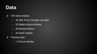 Data
● 120 news articles
○ 30 GM, Ford, Chrysler car data
○ 30 Apple corpus articles
○ 30 Boeing Airbus
○ 30 stock market
● Training data
○ 1.3 M car articles
 
