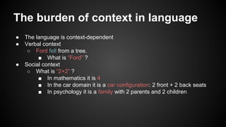 The burden of context in language
● The language is context-dependent
● Verbal context
○ Ford fell from a tree.
■ What is “Ford” ?
● Social context
○ What is “2+2” ?
■ In mathematics it is 4
■ In the car domain it is a car configuration: 2 front + 2 back seats
■ In psychology it is a family with 2 parents and 2 children
 