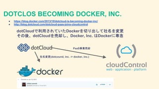 DOTCLOS BECOMING DOCKER, INC.
● https://blog.docker.com/2013/10/dotcloud-is-becoming-docker-inc/
● http://blog.dotcloud.co...