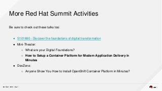 More Red Hat Summit Activities
Be sure to check out these talks too:
● S101680 - Discover the foundations of digital transformation
● Mini-Theater:
○ What are your Digital Foundations?
○ How to Setup a Container Platform for Modern Application Delivery in
Minutes
● DevZone:
○ Anyone Show You How to Install OpenShift Container Platform in Minutes?
 