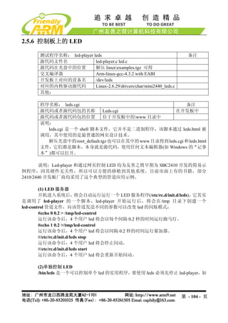 2.5.6 控制板上的 LED

       测试程序名称： led-player leds                                           备注
       源代码文件名              led-player.c led.c
       源代码在光盘中的位置          解压 linuxexamples.tgz 可得
       交叉编译器               Arm-linux-gcc-4.3.2 with EABI
       开发板上对应的设备名          /dev/leds
       对应的内核驱动源代码          Linux-2.6.29/drivers/char/mini2440_leds.c
       其他：

       程序名称： leds.cgi                                       备注
       源代码或者源代码包的名称            Leds.cgi              在开发板中
       源代码或者源代码包的位置            位于开发板中的www 目录中
       说明：
         leds.cgi 是一个 shell 脚本文件，它并不是二进制程序，该脚本通过 leds.html 被
       调用，其中使用的是最普通的网页设计技术。
         解压光盘中的 root_default.tgz 也可以在其中的 www 目录得到 leds.cgi 和 leds.html
       文件，它们都是脚本，本身就是源代码，使用任何文本编辑器(如 Windows 的“记事
       本”)都可以打开。

        说明：Led-player 和通过网页控制 LED 均为友善之臂早期为 SBC2410 开发的简易示
例程序，因其硬件无关性，所以可以方便的移植到其他系统。目前市面上有的书籍，部分
2410/2440 开发板厂商均采用了这个典型的管道应用示例。

        (1) LED 服务器
        开机进入系统后，             将会自动运行运行一个 LED 服务程序(/etc/rc.d/init.d/leds)，它其实
是调用了 led-player 的一个脚本，led-player 开始运行后，将会在/tmp 目录下创建一个
led-control 管道文件，向该管道发送不同的参数可以改变 led 的闪烁模式：
        #echo 0 0.2 > /tmp/led-control
        运行该命令后，4 个用户 led 将会以每个间隔 0.2 秒的时间运行跑马灯。
        #echo 1 0.2 >/tmp/led-control
        运行该命令后，4 个用户 led 将会以间隔 0.2 秒的时间运行累加器。
        #/etc/rc.d/init.d/leds stop
        运行该命令后，4 个用户 led 将会停止闪动。
        #/etc/rc.d/init.d/leds start
        运行该命令后，4 个用户 led 将会重新开始闪动。

      (2)单独控制 LED
      /bin/leds 是一个可以控制单个 led 的实用程序，要使用 leds 必须先停止 led-player，如




                                                                       第 - 104 - 页
 