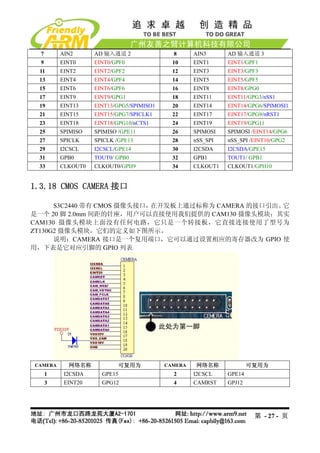 7       AIN2      AD 输入通道 2                8      AIN3      AD 输入通道 3
  9       EINT0     EINT0/GPF0               10     EINT1     EINT1/GPF1
 11       EINT2     EINT2/GPF2               12     EINT3     EINT3/GPF3
 13       EINT4     EINT4/GPF4               14     EINT5     EINT5/GPF5
 15       EINT6     EINT6/GPF6               16     EINT8     EINT8/GPG0
 17       EINT9     EINT9/GPG1               18     EINT11    EINT11/GPG3/nSS1
 19       EINT13    EINT13/GPG5/SPIMISO1     20     EINT14    EINT14/GPG6/SPIMOSI1
 21       EINT15    EINT15/GPG7/SPICLK1      22     EINT17    EINT17/GPG9/nRST1
 23       EINT18    EINT18/GPG10/nCTS1       24     EINT19    EINT19/GPG11
 25       SPIMISO   SPIMISO /GPE11           26     SPIMOSI   SPIMOSI /EINT14/GPG6
 27       SPICLK    SPICLK /GPE13            28     nSS_SPI   nSS_SPI /EINT10/GPG2
 29       I2CSCL    I2CSCL/GPE14             30     I2CSDA    I2CSDA/GPE15
 31       GPB0      TOUT0/ GPB0              32     GPB1      TOUT1/ GPB1
 33       CLKOUT0   CLKOUT0/GPH9             34     CLKOUT1   CLKOUT1/GPH10


1.3.18 CMOS CAMERA 接口

      S3C2440 带有 CMOS 摄像头接口，在开发板上通过标称为 CAMERA 的接口引出。它
是一个 20 脚 2.0mm 间距的针座，用户可以直接使用我们提供的 CAM130 摄像头模块；其实
CAM130 摄像头模块上面没有任何电路，它只是一个转接板，它直接连接使用了型号为
ZT130G2 摄像头模块，它们的定义如下图所示。
      说明：CAMERA 接口是一个复用端口，它可以通过设置相应的寄存器改为 GPIO 使
用，下表是它对应引脚的 GPIO 列表




CAMERA      网络名称            可复用为           CAMERA    网络名称             可复用为
      1    I2CSDA     GPE15                  2      I2CSCL    GPE14
      3    EINT20     GPG12                  4      CAMRST    GPJ12




                                                                       第 - 27 - 页
 