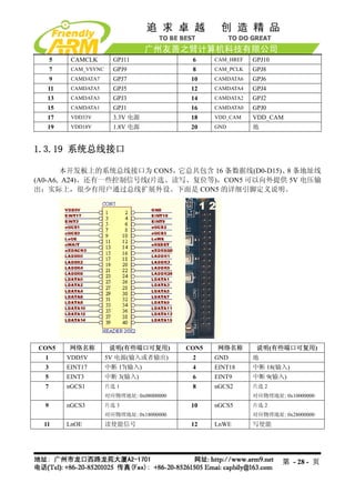 5    CAMCLK        GPJ11               6     CAM_HREF   GPJ10
      7    CAM_VSYNC     GPJ9                8     CAM_PCLK   GPJ8
      9    CAMDATA7      GPJ7                10    CAMDATA6   GPJ6
  11       CAMDATA5      GPJ5                12    CAMDATA4   GPJ4
  13       CAMDATA3      GPJ3                14    CAMDATA2   GPJ2
  15       CAMDATA1      GPJ1                16    CAMDATA0   GPJ0
  17       VDD33V        3.3V 电源             18    VDD_CAM    VDD_CAM
  19       VDD18V        1.8V 电源             20    GND        地


1.3.19 系统总线接口

       本开发板上的系统总线接口为 CON5， 它总共包含 16 条数据线(D0-D15)、 条地址线
                                                 8
(A0-A6, A24)、还有一些控制信号线(片选、读写、复位等)，CON5 可以向外提供 5V 电压输
出；实际上，很少有用户通过总线扩展外设。下面是 CON5 的详细引脚定义说明。




CON5      网络名称          说明(有些端口可复用)         CON5   网络名称        说明(有些端口可复用)
  1       VDD5V        5V 电源(输入或者输出)         2     GND        地
  3       EINT17       中断 17(输入)             4     EINT18     中断 18(输入)
  5       EINT3        中断 3(输入)              6     EINT9      中断 9(输入)
  7       nGCS1        片选 1                  8     nGCS2      片选 2
                       对应物理地址: 0x08000000                     对应物理地址: 0x10000000
  9       nGCS3        片选 3                  10    nGCS5      片选 2
                       对应物理地址: 0x18000000                     对应物理地址: 0x28000000
 11       LnOE         读使能信号                 12    LnWE       写使能




                                                                      第 - 28 - 页
 