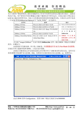 为了方便用户测试和使用，          我们分别编译出了针对不同类型 LCD 显示输出的可执行二进制文
件(见下表)，用户使用本节的步骤通过 USB 下载到内存中即可运行，区别之处在于默认显示
LCD 显示输出的类型不同；实际上它们都是使用相同的代码编译出的，只需在头文件中更改
一下 LCD 类型(2440testincOption.h 中“LCD_TYPE” 定义)即可。
               文件名                           说明                            备注
      2440test_N35.bin           默认显示输出支持 NEC3.”LCD             (1) 因为它们的代码都是相
      2440test_T35.bin           默认显示输出支持统宝 3.5”LCD                 同的，以下我们把这几个
      2440test_L80.bin           默认显示输出支持 Sharp 8”LCD(或兼            针对不同显示输出的测
                                 容)                                 试 文 件 统 称 为
      2440test_A70.bin           默认显示输出支持群创 7”LCD                   2440test.bin

      2440test_VGA1024x768.bin   默 认 显 示 输 出 支 持 VGA( 分 辨 率 :   (2) 2440test    可 以 兼 容

                                 1024x768@70Hz)                     64M/128M 友 善 之 臂
                                                                    2440 开发板
     在光盘“images2440test”目录中找到 2440test.bin 文件，通过 BIOS 下载运行该测试
程序，步骤如下：
     (1)连接好开发板电源，串口线，USB 线，并设置拨动开关 S2 为 Nor Flash 启动系统，
分别打开串口超级终端和 DNW，上电启动开发板。
     (2)保证 USB 驱动已经安装好(前面已经详细介绍了 USB 驱动的安装方法)，这时可以
看到 DNW 的标题栏显示[USB：OK]，如果没有安装好驱动会显示[USB：x]，如图所示：




     (3)点 DNW 菜单 Configuration，设置 USB 下载运行地址为 0x30000000




                                                                               第 - 49 - 页
 