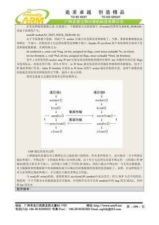 在发送和接收数据之前，                 先要建立一个数据报方式的套接字， socket 的类型为 SOCK_DGRAM，  该
用如下的调用产生：
     sockfd=socket(AF_INET, SOCK_DGRAM, 0);
     由于不需要建立连接，因此产生 socket 后就可以直接发送和接收了。当然，要接收数据报也必
须绑定一个端口，否则发送方无法得知要发送到哪个端口。Sendto 和 recvfrom 两个系统调用分别用于发
送和接收数据报，其调用格式为：
     int sendto(int s, const void *msg, int len, unsigned int flags, const struct sockaddr *to, int tolen);
     int recvfrom(int, s, void *buf, int len, unsigned int flags, struct sockaddr *from, int fromlen);
     其中 s 为所使用的 socket， 和 buf 分别为发送和接收的缓冲区指针， 为缓冲区的长度，
                                   msg                                               len                    flags
为选项标志，此处还用不到，设为 0 即可。to 和 from 就是发送的目的地址和接收的来源地址，包含了
IP 地址和端口信息。tolen 和 fromlen 分别是 to 和 from 这两个 socket 地址结构的长度。这两个函数的返
回值就是实际发送和接收的字节数，返回-1 表示出错。
     使用无连接方式通信的基本过程如图所示。




        UDP 通信的基本过程
       上图描述的是通信双方都绑定自己地址端口的情形，但在某些情况下，也可能有一方不用绑定
地址和端口。不绑定的一方的地址和端口由内核分配。由于对方无法预先知道不绑定的一方的端口和 IP
地址(假设主机有多个端口，这些端口分配了不同的 IP 地址)，因此只能由不绑定的一方先发出数据报，
对方根据收到的数据报中的来源地址就可以确定回送数据报所需要的发送地址了。显然，在这种情况下
对方必须绑定地址和端口，并且通信只能由非绑定方发起。
       与 read()和 write()相似，进程阻塞在 recvfrom()和 sendto()中也会发生。但与 TCP 方式不同的是，
接收到一个字节数为 0 的数据报是有可能的，应用程序完全可以将 sendto()中的 msg 设为 NULL，同时
将 len 设为 0。
程序清单




                                                                                                 第 - 199 - 页
 