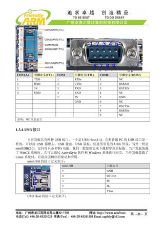 CON1,3,4   引脚定义(TTL)   CON2          引脚定义(TTL)   COM0        引脚定义(RS232)
1          TXD         1             RTSn        1           NC
2          RXD         2             CTSn        2           RSRXD
3          5V          3             TXD         3           RSTXD
4          GND         4             RXD         4           NC
                       5             5V          5           GND
                                     GND         6           NC
                                                 7           RSCTSn
                                                 8           RSRTSn
                                                 9           NC
说明：NC 代表悬空


1.3.4 USB 接口

       本开发板具有两种 USB 接口，一个是 USB Host(1.1)，它和普通 PC 的 USB 接口是一
样的，可以接 USB 摄像头、USB 键盘、USB 鼠标、优盘等常见的 USB 外设；另外一种是
miniUSB(2.0)，它同时具备 OTG 功能，我们一般使用它来下载程序到目标板，当开发板装载
了 WinCE 系统时，它可以通过 ActiveSync 软件和 Windows 系统进行同步，当开发板装载了
Linux 系统时，目前尚无相应的驱动和应用。
       miniUSB 的接口定义如下：
                           miniUSB                   引脚定义
                           5                         GND
                           4                         OTGID
                           3                         D+
                           2                         D-
                           1                         Vbus
      USB Host 的接口定义如下：




                                                                      第 - 21 - 页
 