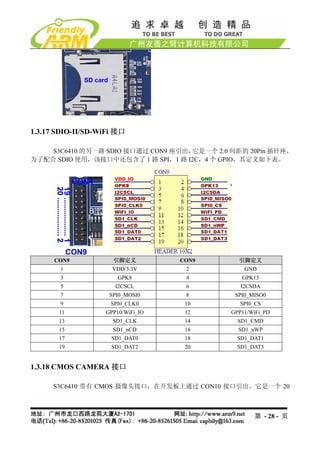 1.3.17 SDIO-II/SD-WiFi 接口

    S3C6410 的另一路 SDIO 接口通过 CON9 座引出，它是一个 2.0 间距的 20Pin 插针座，
为了配合 SDIO 使用，该接口中还包含了 1 路 SPI，1 路 I2C，4 个 GPIO，其定义如下表。




      CON9           引脚定义          CON9        引脚定义
       1             VDD/3.3V       2            GND
       3               GPK8         4           GPK13
       5              I2CSCL        6           I2CSDA
       7            SPI0_MOSI0      8         SPI0_MISO0
       9             SPI0_CLK0      10          SPI0_CS
       11          GPP10/WiFi_IO    12       GPP11/WiFi_PD
       13            SD1_CLK        14         SD1_CMD
       15            SD1_nCD        16         SD1_nWP
       17            SD1_DAT0       18         SD1_DAT1
       19            SD1_DAT2       20         SD1_DAT3


1.3.18 CMOS CAMERA 接口

      S3C6410 带有 CMOS 摄像头接口，在开发板上通过 CON10 接口引出。它是一个 20



                                                    第 - 28 - 页
 