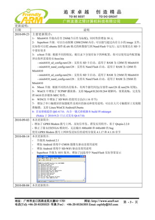 更新说明：
日期                                       说明
2010-09-23 主要更新简介：
         1- Mini6410 升级内存至 256M(今后作为标配), 同时售价增加 30 元
         2- Superboot 升级: 可以自动探测 128M/256M 内存，           可以烧写超过内存大小的 image 文件，
         比如你可以把 ubuntu 制作成 ubi 格式的映像烧写到 Nand Flash 中运行，            运行效果比在 SD 卡
         中要好很多
         3- u-boot 升级: 根据不同的情况，根目录下分别有如下四种配置，你可以使用这些配置编
         译出你所需要的 U-boot.bin
             - mini6410_sd_config-ram128 : 支持从 SD 卡启动，适用于 RAM 为 128M 的 Mini6410
             - mini6410_nand_config-ram128 : 支持从 Nand Flash 启动，适用于 RAM 为 128M 的
         Mini6410
             - mini6410_sd_config-ram256 : 支持从 SD 卡启动，适用于 RAM 为 256M 的 Mini6410
             - mini6410_nand_config-ram128 : 支持从 Nand Flash 启动，适用于 RAM 为 256M 的
         Mini6410
         4- Nboot 升级: 根据不同的内存版本，有两个源代码包(分别带 ram128 或 ram256 尾缀)。
         5- WinCE 中增加了 TCPMP 播放器，支持 Mpeg4/H.263/H.264 硬解码，效果流畅，完美发
         挥 6410 的多媒体 MFC 特性。
         6- WINCE 中增加了 SD WiFi 的使用方法(5.1.16 章节)
         7- 增加了串口触摸屏控制器配件及相应的驱动和使用说明，可以在大尺寸触摸屏上实现精
         准触摸，支持 Linux/WinCE/Android/Ubuntu
         8- 首家移植提供 QtE-4.7.0，内含一键式移植脚本 build 和 mktarget
            (Nokia 于 2010-9-21 日正式发布 Qt-4.7.0)
2010-09-03 本次更新简介:
         - 增加了 GPRS Modem 拨号上网，及短信单发、群发实用程序，基于 Qtopia-2.2.0
         - 修正了接 LCD2VGA 模块时，无法输出 800x600 和 640x480 的 bug
         使用 GPRS Modem 拨号上网和发送短信的说明分别见 4.1.17 和 4.1.18 章节
2010-08-14 本次更新简介:
         -   升级到 Android 2.1
         -   增加 Android 系统中 CMOS 摄像头驱动及使用说明
         -   增加 Android 系统中 SD-WiFi 驱动及使用说明
         -   Superboot 升级为 1031 版本，增加了[i]选项中 Nand Flash 实际容量显示




2010-08-04 本次更新简介:




                                                                   第 -3- 页
 