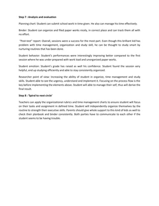 Step 7 : Analysis and evaluation

Planning chart: Student can submit school work in time given. He also can manage his time effectively.

Binder: Student can organize and filed paper works nicely, in correct place and can track them all with
no effort.

 “Post-test” report: Overall, sessions were a success for the most part. Even though this brilliant kid has
problem with time management, organization and study skill, he can be thought to study smart by
nurturing routines that has been done.

Student behavior: Student’s performances were interestingly improving better compared to the first
session where he was under prepared with work load and unorganized paper works.

Student emotion: Student’s grade has raised as well his confidence. Student found the session very
helpful, end up studying efficiently and able to stay consistently organized.

Researcher point of view: Increasing the ability of student in organize, time management and study
skills. Student able to see the urgency, understand and implement it. Focusing on the process flow is the
key before implementing the elements above. Student will able to manage their self, thus will derive the
final result.

Step 8 : ‘Spiral to next circle’

Teachers can apply the organizational rubrics and time management charts to ensure student will focus
on their tasks and assignment in defined time. Student will independently organize themselves by the
routine to strength their executive skills. Parents should give whole support to this kind of kids as well to
check their planbook and binder consistently. Both parties have to communicate to each other if the
student seems to be having trouble.
 