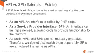 © 2016 Magento, Inc. Page | 19
API vs SPI (Extension Points)
A PHP Interface in Magento can be used several ways by the core
product and extension developers.
• As an API. An interface is called by PHP code.
• As a Service Provider Interface (SPI). An interface can
be implemented, allowing code to provide functionality to
the platform.
• As both. APIs and SPIs are not mutually exclusive.
Therefore, we do not distinguish them separately. SPIs
are annotated the same as APIs.
 