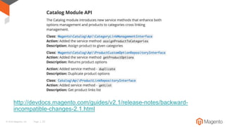 © 2016 Magento, Inc. Page | 23
http://devdocs.magento.com/guides/v2.1/release-notes/backward-
incompatible-changes-2.1.html
 