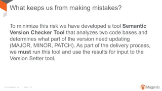 © 2016 Magento, Inc. Page | 31
What keeps us from making mistakes?
To minimize this risk we have developed a tool Semantic
Version Checker Tool that analyzes two code bases and
determines what part of the version need updating
(MAJOR, MINOR, PATCH). As part of the delivery process,
we must run this tool and use the results for input to the
Version Setter tool.
 