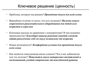 ( )Ключевое решение ценность
• Проблема, которую мы решаем? Проведения досуга для всей семьи
• Важнейшее отличие от всего, что есть на рынке? Наличие нового
современного развлекательного оборудования для детей всех
возрастов и взрослых
• Ключевые выгоды по сравнению с конкурентами? В чем основное
преимущество? Благодаря нашему решению каждый сможет
найти развлечение себе по вкусу независимо от возраста
• Новые возможности? Комфортные условия для проведения досуга
всей семьи
• Как меняется повседневная жизнь клиента? Что в нее добавляется
или что исчезает? Появляется много интересных впечатлений и
воспоминаний, уходит напряжение от повседневной рутины
 
