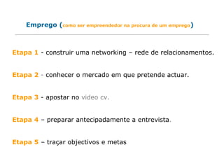 Emprego (como ser empreendedor na procura de um emprego)
Etapa 1 - construir uma networking – rede de relacionamentos.
Etapa 2 - conhecer o mercado em que pretende actuar.
Etapa 3 - apostar no video cv.
Etapa 4 – preparar antecipadamente a entrevista.
Etapa 5 – traçar objectivos e metas
 